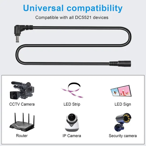 Vista 5 de GINTOOYUN Cable de extensión CC de 9.8 pies de 0.217 in x 0.083 in, ángulo recto de 90 grados, macho a hembra, cable de alimentación de 18 AWG