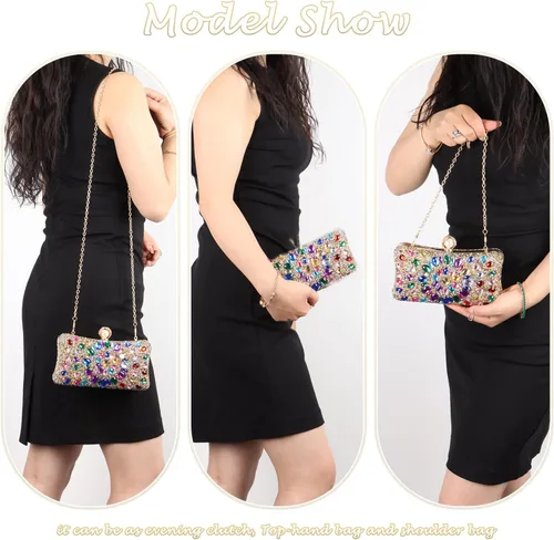 Vista 6 de Lanpet Bolso de noche con diamantes de imitación de cristal multicolor para mujer, bolso de hombro con correa de cadena