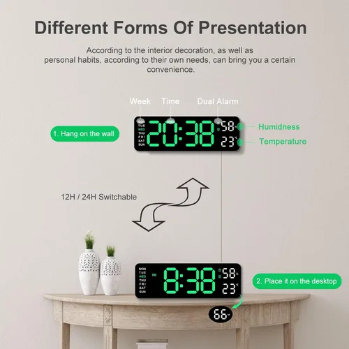 Vista 6 de JoFomp Reloj de pared digital con pantalla grande, relojes de pared LED de 9 pulgadas para decoración de sala de estar, reloj digital