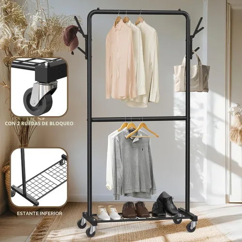 Vista 4 de Simple Houseware - Perchero de doble varilla con ruedas y ganchos, color negro Organizador de perchero de metal resistente