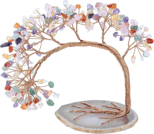 Vista 8 de Nupuyai Árbol de dinero de cristal curativo de alambre de cobre de 3-4 pulgadas para la buena suerte, base de rodajas de ágata bonsái, decoración