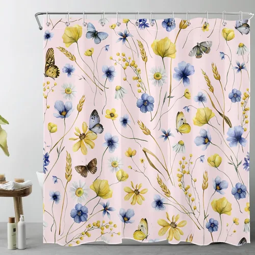 Vista 14 de EOBTAIN Nature - Cortina de ducha con flores silvestres para baño, cortina de ducha amarilla floral y mariposa sobre negro, con 10 ganchos, juego