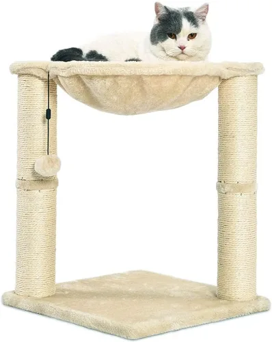 Vista 4 de Amazon Basics - Torre para gatos con hamaca y postes rascadores para gatos de interior, 15.8 x 15.8 x 19.7 pulgadas, beige