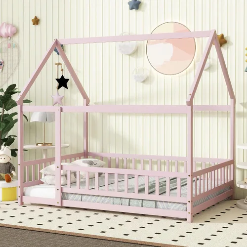 Vista 11 de Harper & Bright Designs Marco de cama de piso de casa de tamaño individual con barandillas de techo y valla, cama Montessori de madera maciza, fácil