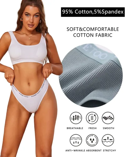 Vista 4 de FINETOO Tangas de algodón para mujer, transpirables, elásticas, hipster, ropa interior sexy, S-XL