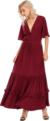 Vista 4 de R.Vivimos - Vestido por debajo de la rodilla bohemio para mujer, de manga corta, algodón, cuello en V, diseño floral y estilo informal