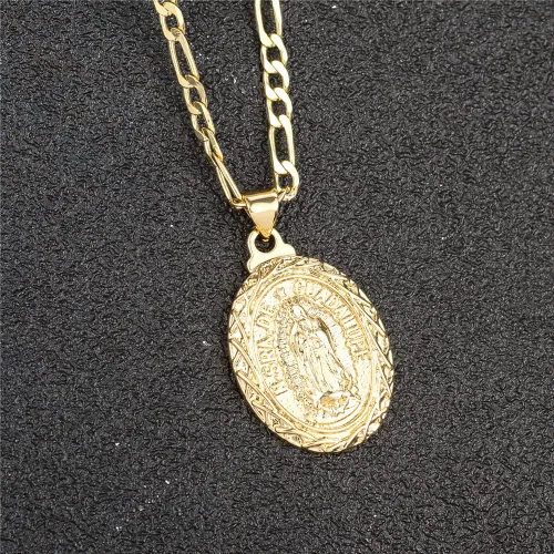 Vista 4 de kelistom Collar con colgante de Guadalupe chapado en oro de 14 quilates para mujeres y hombres, collar de cadena plana de 0.118in, 1822 pulgadas