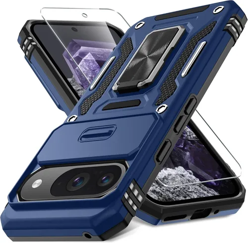 Vista 45 de DEERLAMN Funda para Google Pixel 8 con cubierta deslizante para cámara + protector de pantalla (1 paquete), soporte de anillo giratorio grado