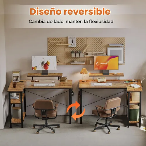 Vista 3 de Mericonia Escritorio para computadora en forma de L con tomas de corriente, escritorio para juegos reversible con estantes de almacenamiento y Marrón