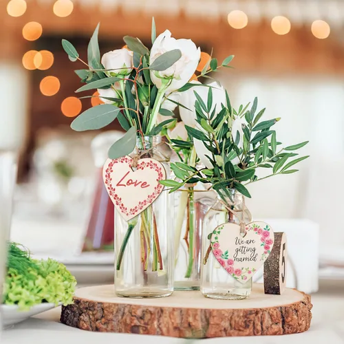 Vista 7 de 60 piezas de corazón de madera natural de 3 pulgadas para manualidades, rebanada de madera sin terminar, adornos de corazón de madera preperforados