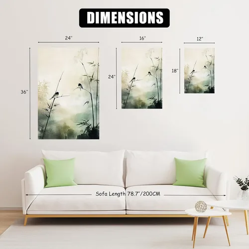 Vista 4 de Sutanun Lienzo de paisaje abstracto japonés para pared, impresión de bosque brumoso verde de tres paneles con pájaros y árboles, arte minimalista