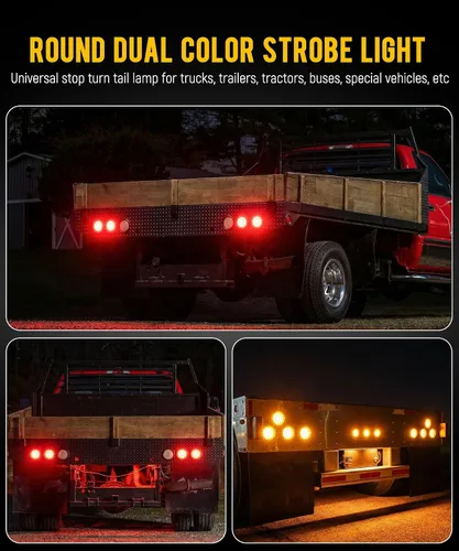 Vista 6 de Partsam Juego de 2 luces traseras redondas rojas de 4 pulgadas a luces estroboscópicas ámbar, 19 diodos con biseles cromados y coletas de cable de 3