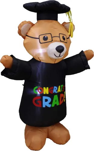 Vista 4 de Paquete de dos decoraciones de fiesta de graduación, incluye un oso de peluche marrón inflable de 4 pies de alto con gorra y gafas de bata, y mano