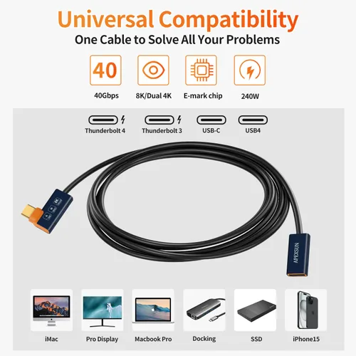 Vista 2 de APEXSUN Cable de extensión USB C (1.6 pies), cable coaxial corto USB-C macho a hembra compatible con Thunderbolt 4/3, USB4, PD240W, video 8K/4K