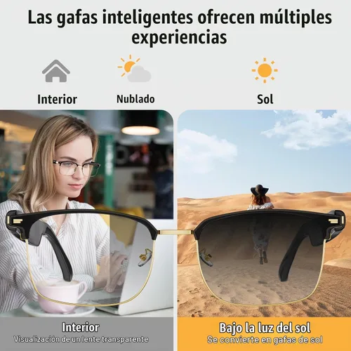 Vista 3 de Gafas inteligentes, gafas con filtro de luz azul, gafas de sol Bluetooth, lente fotocrómica, micrófono y altavoz integrados (GS13-dorado+marco negro)