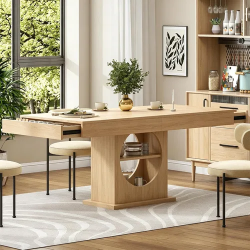 Vista 9 de Mesa de comedor para 4-6 personas, mesa de comedor de 55 pulgadas con cajones y almacenamiento abierto, base de pedestal de madera, mesa rectangular