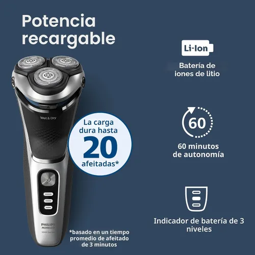 Vista 7 de Philips Norelco Shaver 3900 Series, afeitadora eléctrica húmeda y seca, P-Cap, estuche de viaje, soporte de carga, azul tormenta, modelo S3341/92