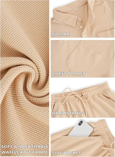 Vista 5 de Conjunto de camisa polo y pantalones cortos para hombre, conjunto de 2 piezas, de verano, casual, de punto gofre, de manga corta, para hombre