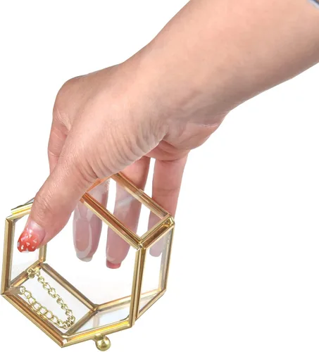Vista 4 de Feyarl Pequeña caja de joyería de cristal dorado para joyería de joyería de joyería de cristal adornado, caja organizadora de recuerdos, caja