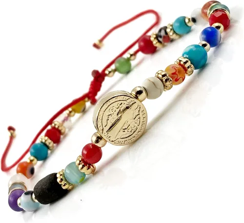 Vista 2 de St Benedict Genuine Azabache Jet Stone and Colorful Evil Eye Beads Red String Bracelet for Women