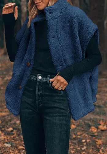 Vista 13 de Hongqizo - Chaleco de forro polar mullido para mujer, casual, de gran tamaño, cálido, con botones, chaqueta de sherpa con bolsillos