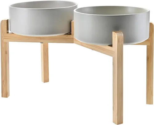 Vista 26 de SPUNKYJUNKY Cuencos elevados de cerámica para perros, 5.1 pulgadas, para comida de perros y gatos, cuencos elevados con soporte de bambú Verde oscuro