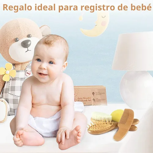 Vista 7 de Elfzone - Juego de cepillo y peine para bebé, 4 cepillos de madera para el pelo del bebé, juego de cepillos para bebé, cepillo para bolsa de aire