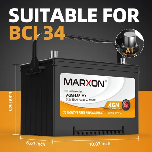 Vista 2 de Marxon Grupo 34 Batería de coche 12v 55AH 660CCA AGM Baterías sin mantenimiento Automotriz arranque parada reemplazo grupo 24 batería para Doge