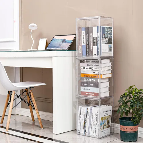 Vista 7 de FABROK Caja Organizadora de Almacenamiento de Libros Transparente, Estuche de Exhibición de Libros de Plástico Apilable con Puerta Magnética