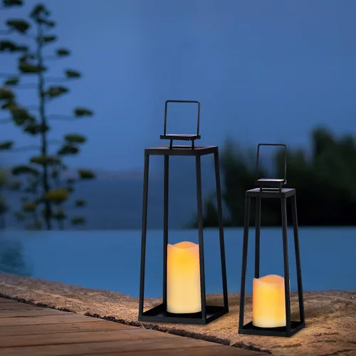 Vista 6 de Juego de 2 faroles solares decorativos para exteriores (18 y 15 pulgadas) modernos faroles de metal negro con velas solares, faroles decorativos
