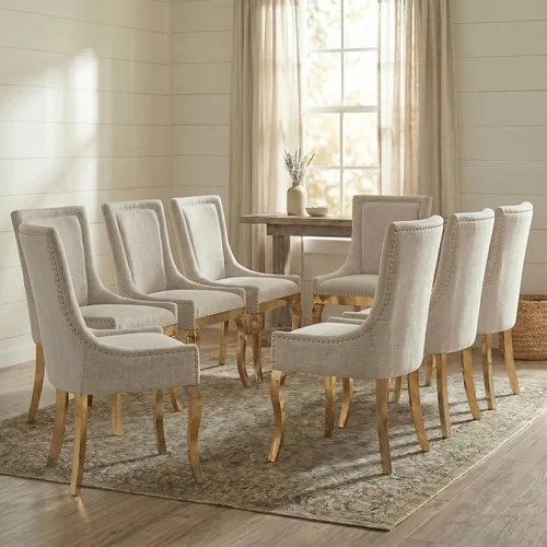 Vista 33 de Juego de 2 sillas de comedor tapizadas, sillas de cocina de tela con ribete de cabeza de clavo, sillas de cocina y comedor con respaldo alto, patas