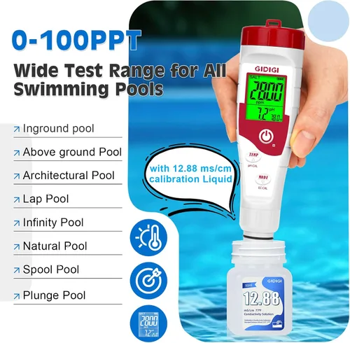 Vista 2 de Probador digital de sal de piscina,Medidor de salinidad de pH para piscina de agua salada,Medidor de sal 5 en 1 Probador de agua de piscina