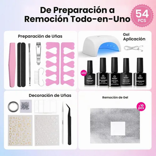Vista 8 de Beetles - Kit de esmalte de uñas de gel con luz UV, 54 piezas, 32 colores A - Multicolor-32-54