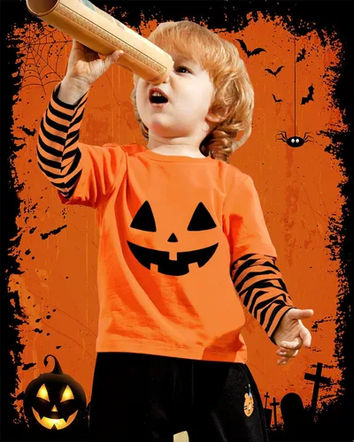 Vista 2 de CM-Kid Camisa de Halloween para niños pequeños y niñas, diseño de calabaza, esqueleto, fantasma, dinosaurio, rayas, camisetas de manga larga