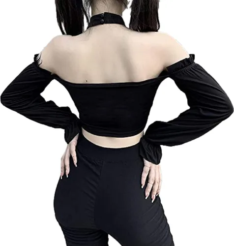 Vista 2 de Dark Punk Crop Top con Cadenas Mujer Punk Off Hombro Hueco Sólido Sin Espalda Tops