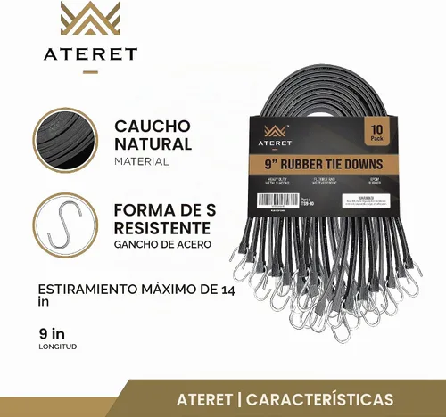 Vista 2 de ATERET Cuerdas elásticas de goma con ganchos I de 9 pulgadas, 14 pulgadas de estiramiento máximo, correas de amarre negras resistentes