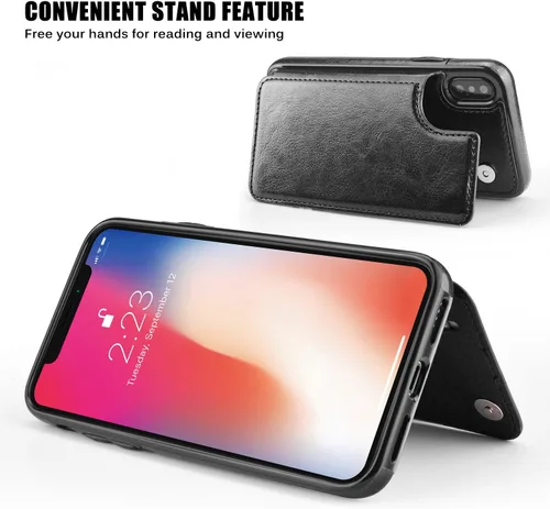 Vista 5 de Funda tipo cartera compatible con iPhone X/XS, funda protectora delgada con tarjetero y ranuras para tarjetas de piel sintética de alta calidad
