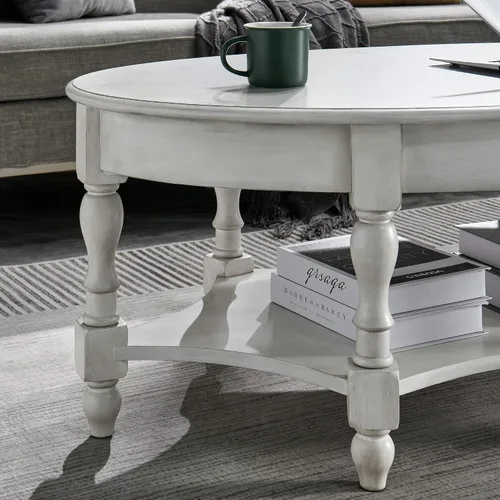 Vista 8 de Mesa de centro con cajón, mesa central ovalada de madera maciza con estante de almacenamiento, mesa de sala de estar tradicional con elegante