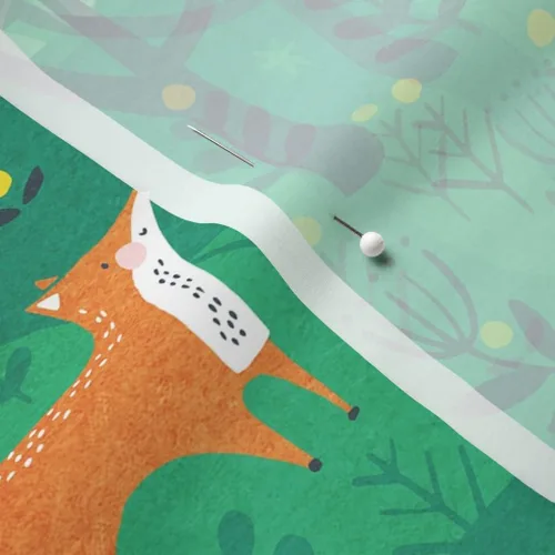 Vista 5 de Spoonflower Tela - Zorros esmeralda verde bosque, conejitos del bosque, animales lindos para niños, zorro impreso en tela de gasa, cuarto gordo
