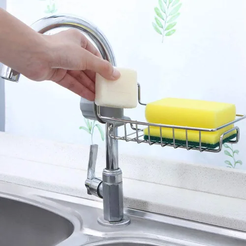 Vista 5 de Organizador de fregadero, soporte de esponja de acero inoxidable para accesorios de cocina (plateado)