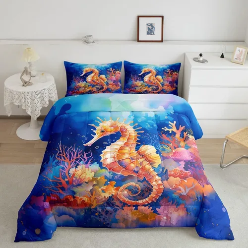 Vista 37 de Erosebridal Juego de edredón de ballena náutica, tamaño individual, juego de ropa de cama vintage azul con ondas oceánicas para niños y niñas