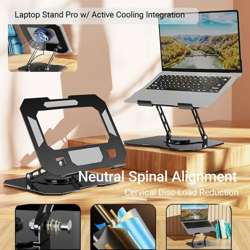 Vista 6 de Soporte ajustable para laptop para escritorio, elevador ergonómico giratorio de 360°, soporte plegable para computadora portátil compatible