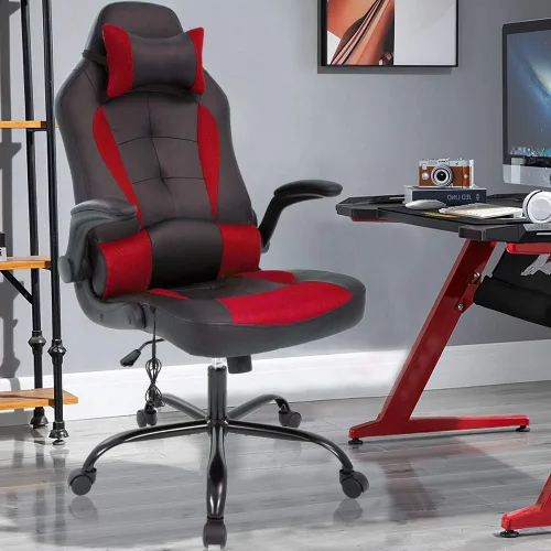 Vista 8 de Silla de oficina ergonómica de piel sintética con reposacabezas y reposacabezas para juegos de masaje, silla de oficina de carreras de PC, silla Gris