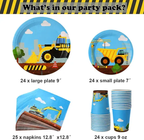 Vista 2 de Juego de 97 piezas de suministros de fiesta de cumpleaños para niños, incluye platos de camión volquete, vasos, servilletas
