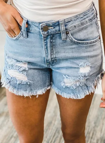 Vista 2 de QACOHU Pantalones cortos de mezclilla casuales de verano para mujer, cintura media, elásticos, rasgados, pantalones cortos casuales