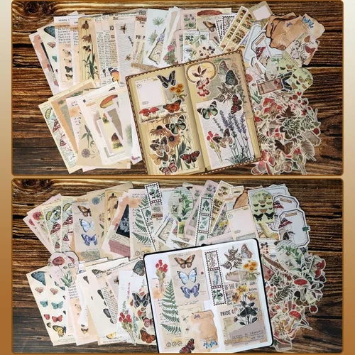 Vista 7 de Paquete de 200 piezas de suministros vintage para scrapbooking con calcomanías para diarios de desecho, pegatinas de papel DIY, paquete de ephemera