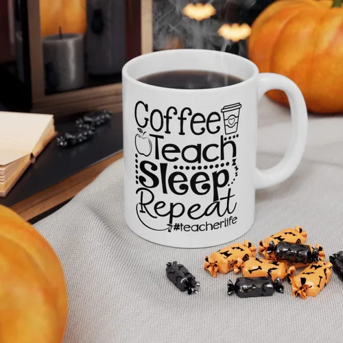 Vista 2 de Teacher Gift, Coffee Teach Sleep Repeat Coffee Mug, Teacher Life, Gift for Teachers, Teacher Appreciation (11 oz All White)