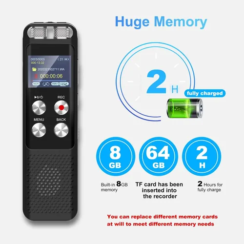 Vista 2 de Grabadora de voz digital de 72 GB: Grabadoras activadas por voz con reproducción, dispositivo de grabación de audio para conferencias y reuniones