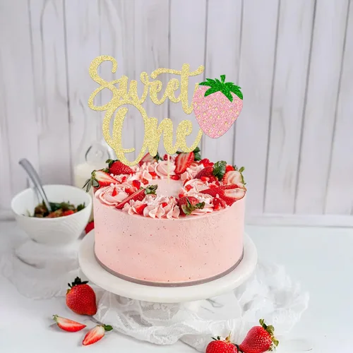 Vista 4 de Gyufise 1 pieza de fresa Sweet One Cake Topper Glitter First Birthday Strawberry Cake Pick para el tema de fruta dulce, baby shower, fiesta