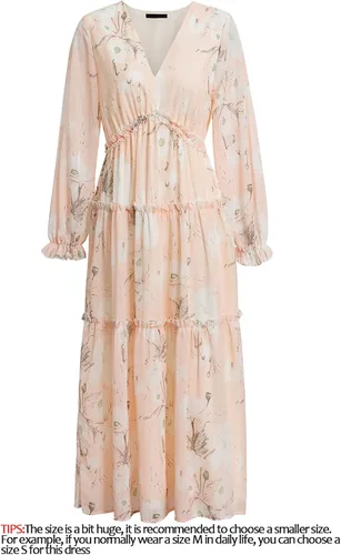 Vista 6 de Amegoya - Vestido largo casual de manga corta con cuello en V para mujer, diseño floral, estilo bohemio, para la playa, sesión de fotos, con volantes